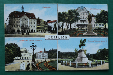 AK Coburg / 1910-1925 / 4-Bild-Karte / Marktplatz / Josiasdenkmal / Hoftheater / Herzog Ernst II Denkmal / Architektur / Strassen